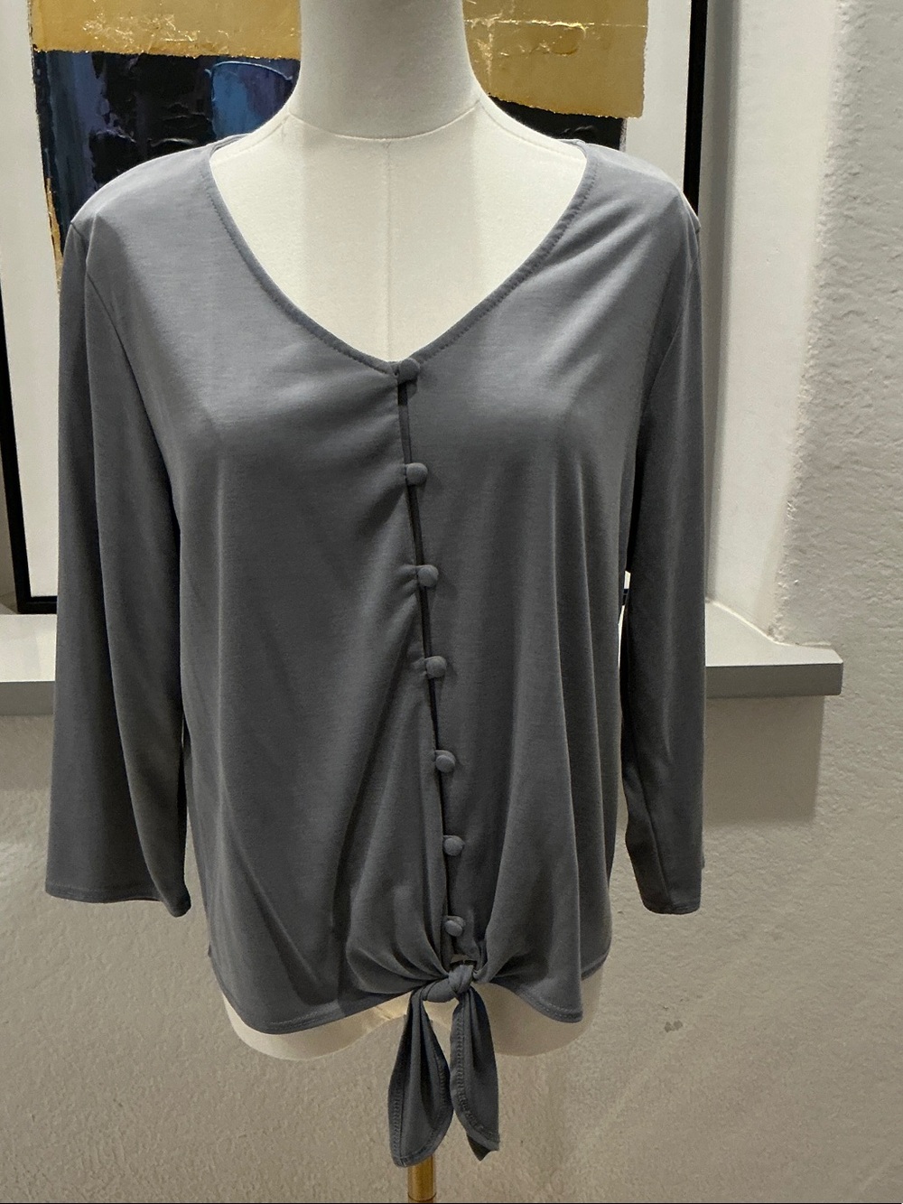 Green Envelope Gray Button-Front Tie Hem Top